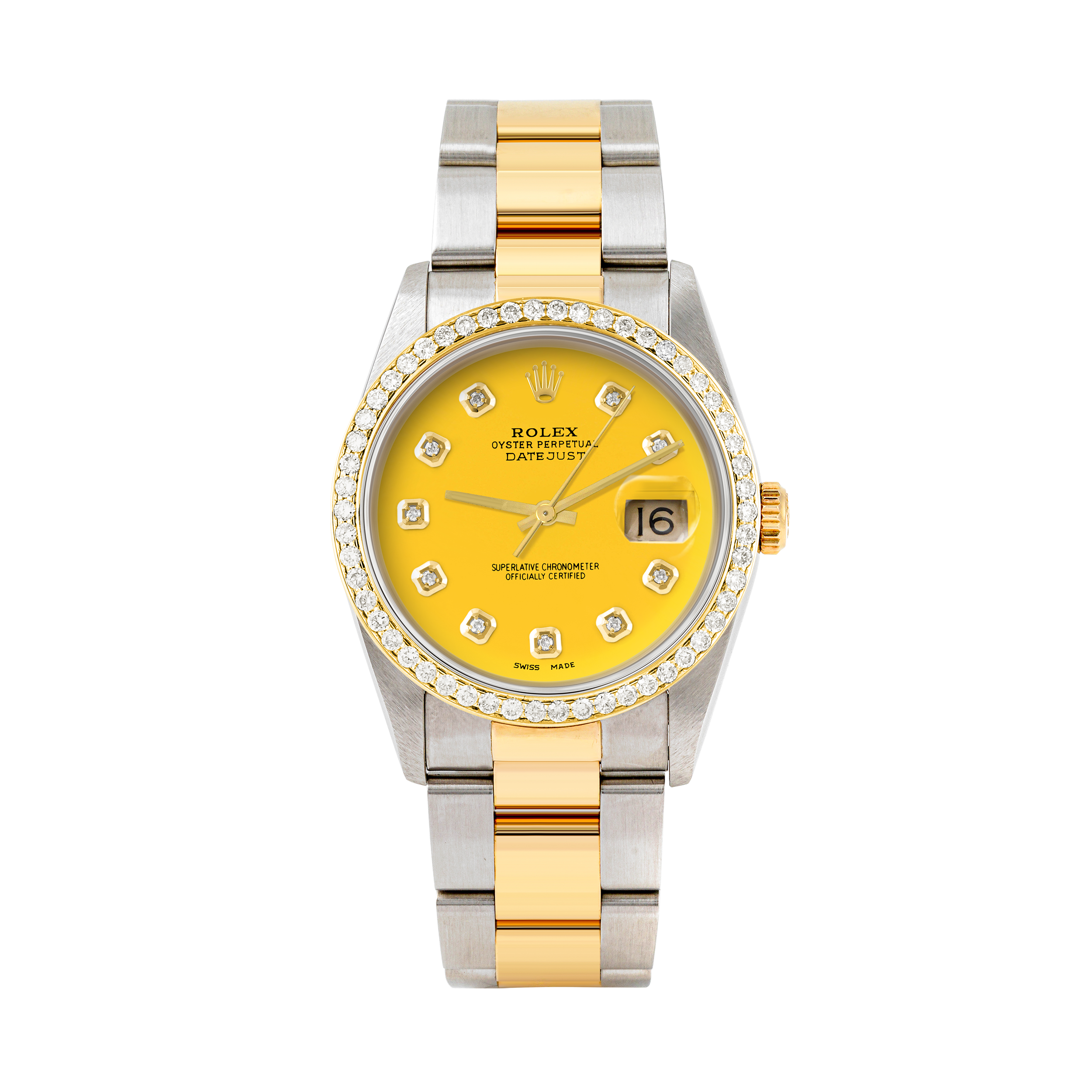 Rolex Datejust 36mm TWO TONE 16233 Yellow  Dial |  Diamond Hour Markers | 1ct Diamond Bezel