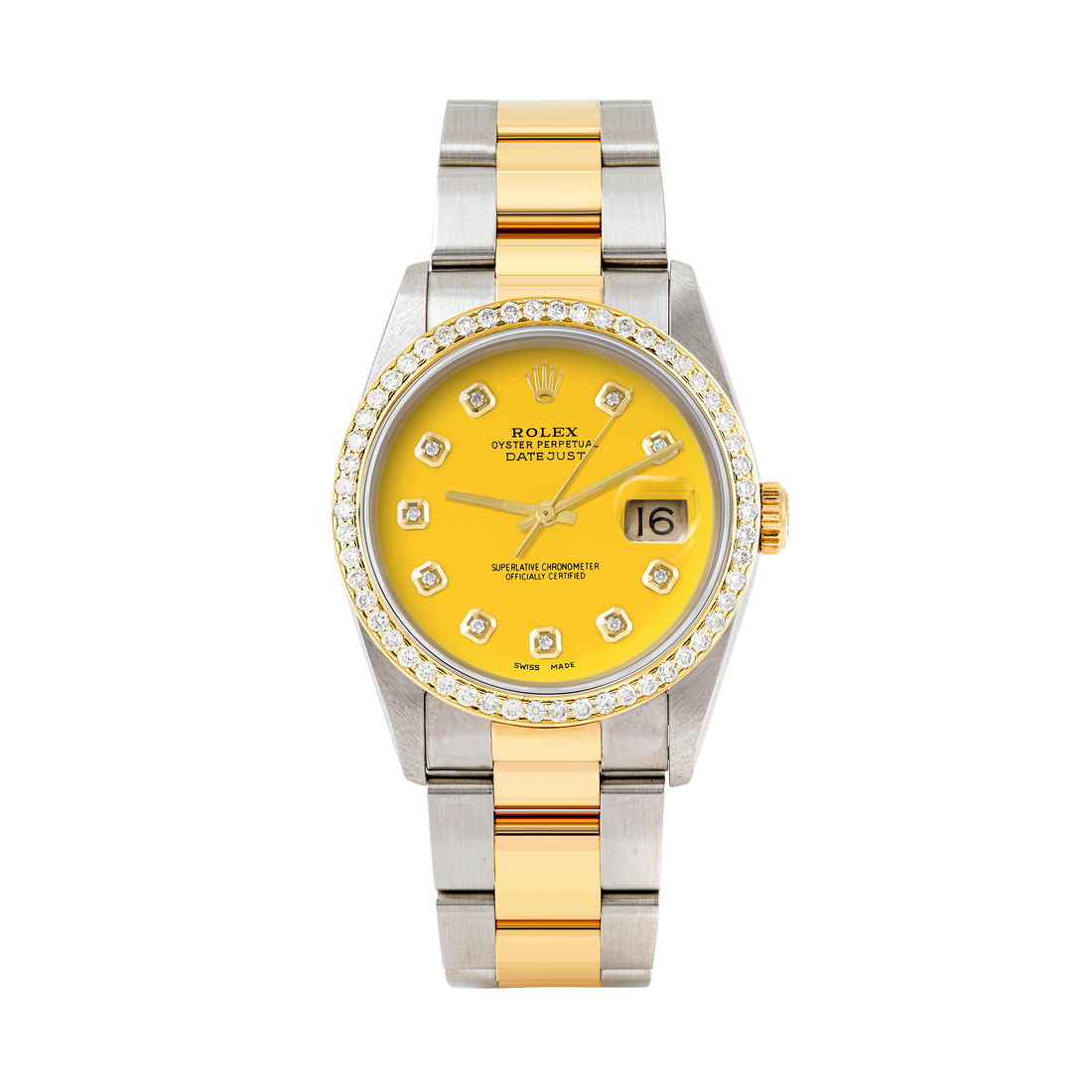 Rolex Datejust 36mm TWO TONE 16233 Yellow  Dial |  Diamond Hour Markers | 1ct Diamond Bezel