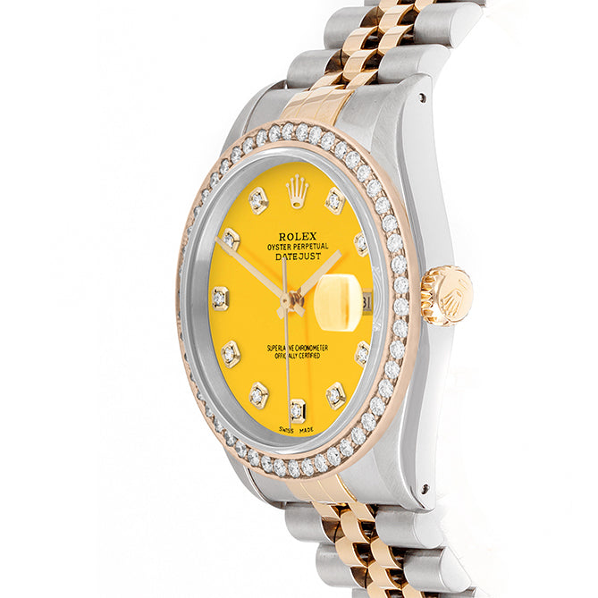 Rolex Datejust 36mm TWO TONE 16233 Yellow Dial | Diamond  Hour Markers | 1.8ct Diamond Bezel