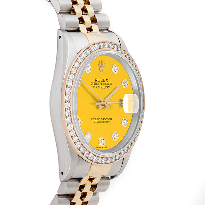 Rolex Datejust 36mm TWO TONE 16233 Yellow Dial | Diamond  Hour Markers | 1.8ct Diamond Bezel