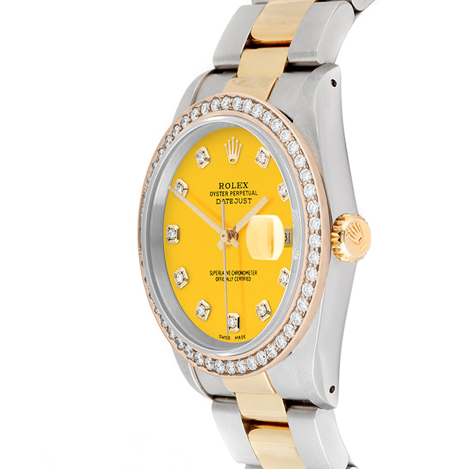 Rolex Datejust 36mm TWO TONE 16233 Yellow Dial | Diamond  Hour Markers | 1.8ct Diamond Bezel