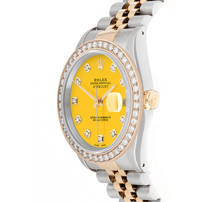 Rolex Datejust 36mm TWO TONE 16233 Yellow Dial | Diamond Hour Markers | 2ct Diamond Bezel