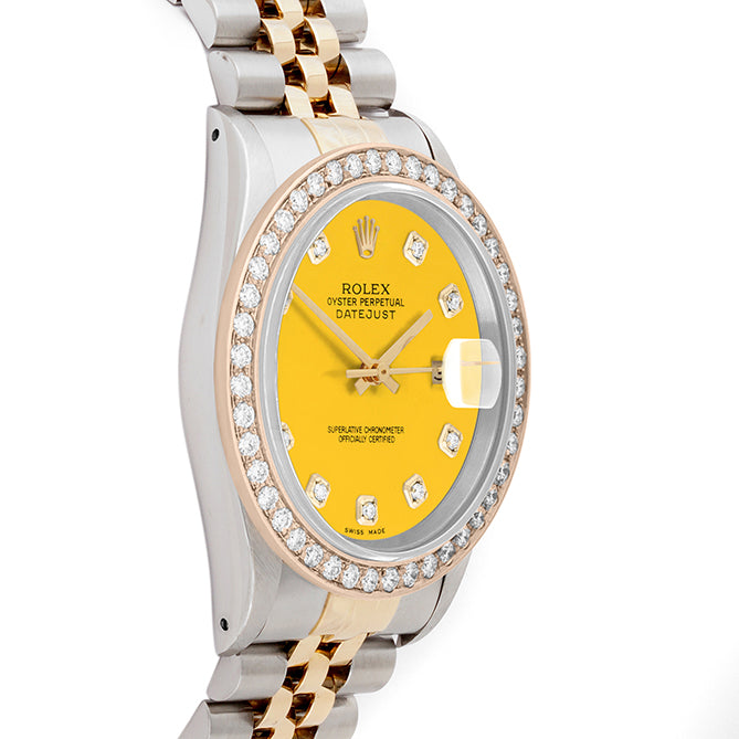 Rolex Datejust 36mm TWO TONE 16233 Yellow Dial | Diamond Hour Markers | 2ct Diamond Bezel