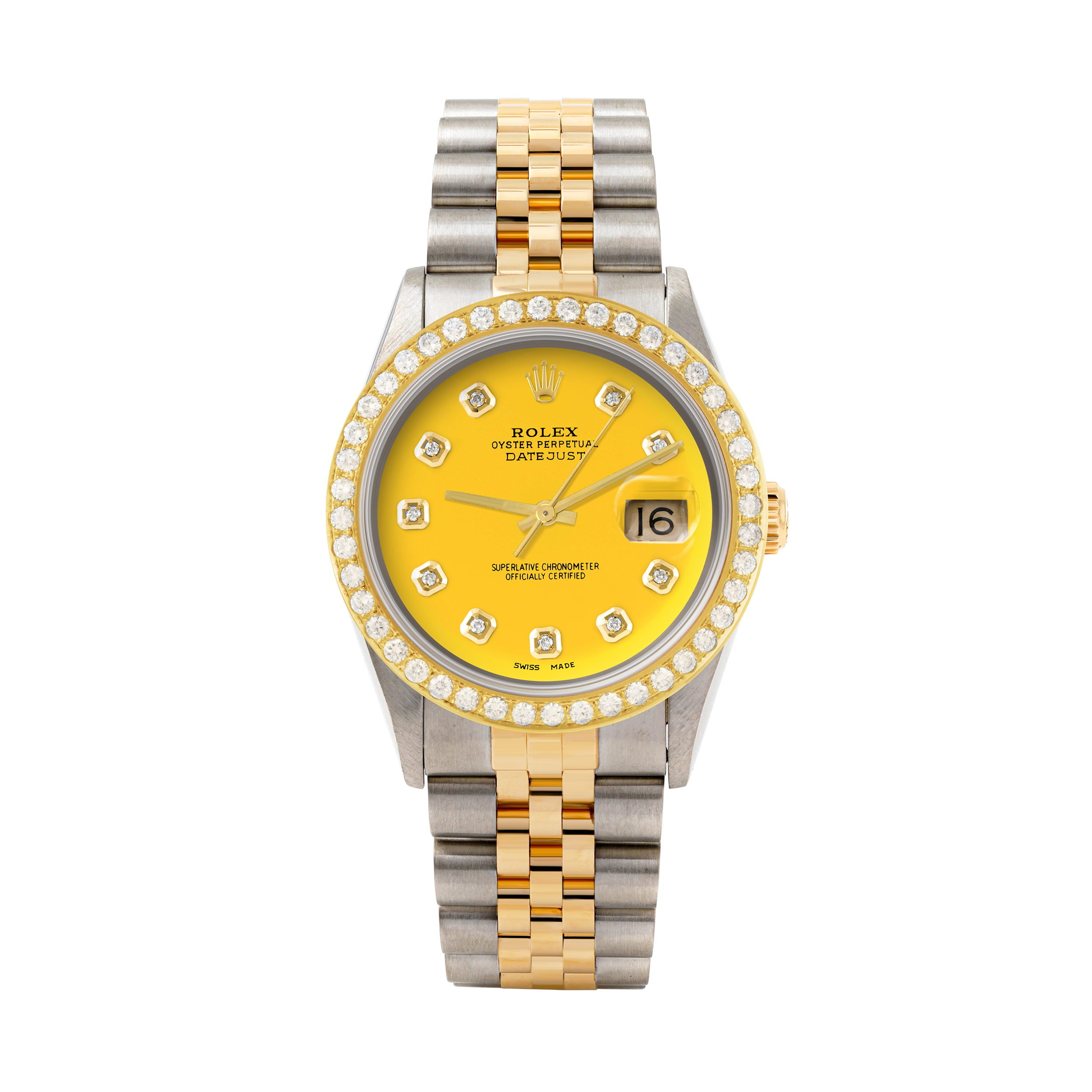 Rolex Datejust 36mm TWO TONE 16233 Yellow Dial | Diamond Hour Markers | 2ct Diamond Bezel