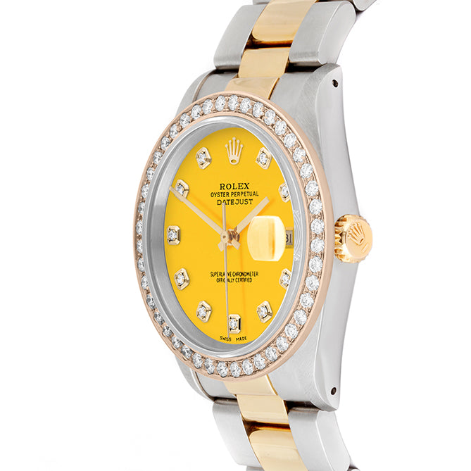 Rolex Datejust 36mm TWO TONE 16233 Yellow Dial | Diamond Hour Markers | 2ct Diamond Bezel