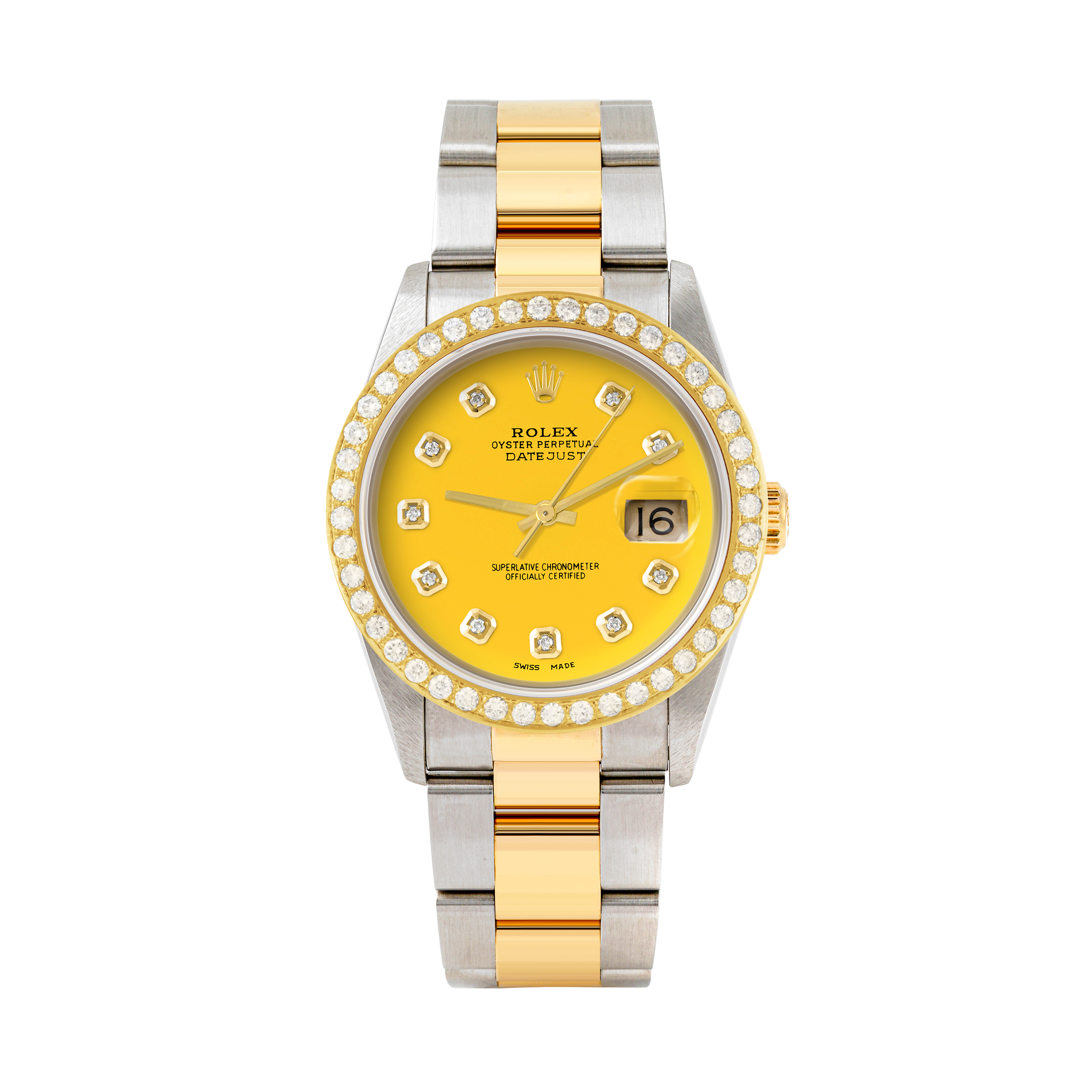 Rolex Datejust 36mm TWO TONE 16233 Yellow Dial | Diamond Hour Markers | 2ct Diamond Bezel
