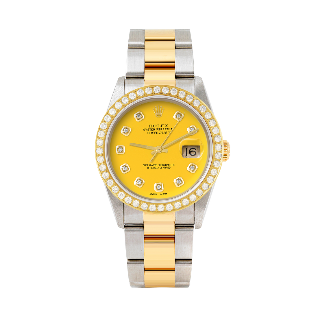 Rolex Datejust 36mm TWO TONE 16233 Yellow Dial | Diamond Hour Markers | 2ct Diamond Bezel