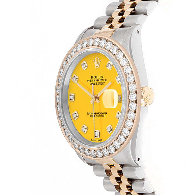 Rolex Datejust 36mm TWO TONE 16233 Yellow Dial | Diamond Hour Markers | 2.5ct Diamond Bezel