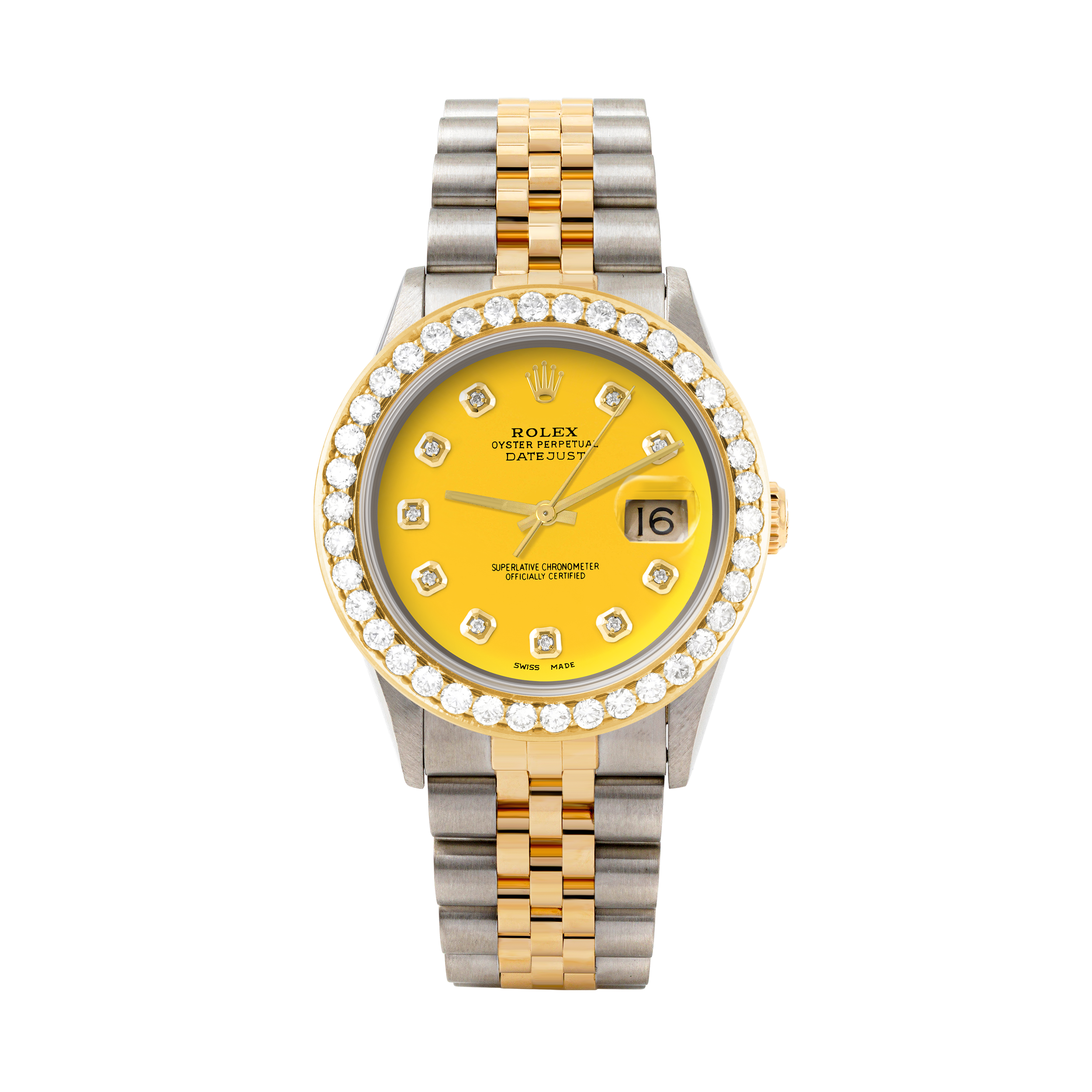 Rolex Datejust 36mm TWO TONE 16233 Yellow Dial | Diamond Hour Markers | 2.5ct Diamond Bezel