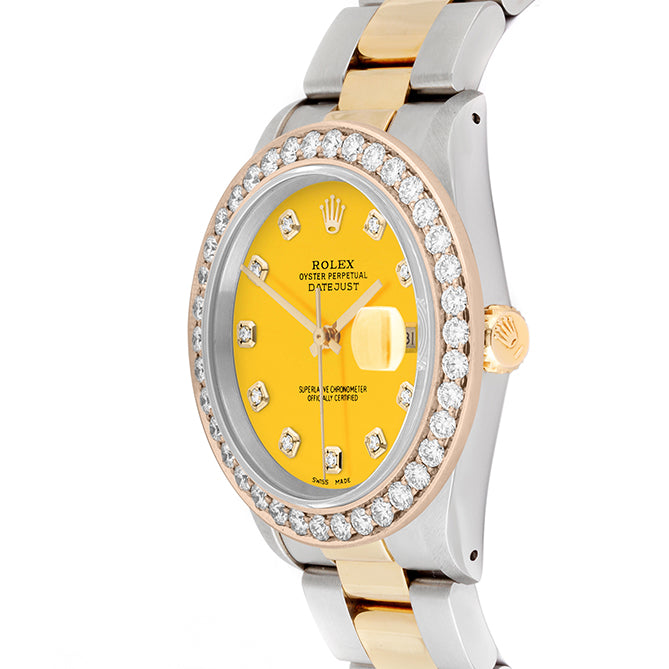 Rolex Datejust 36mm TWO TONE 16233 Yellow Dial | Diamond Hour Markers | 2.5ct Diamond Bezel