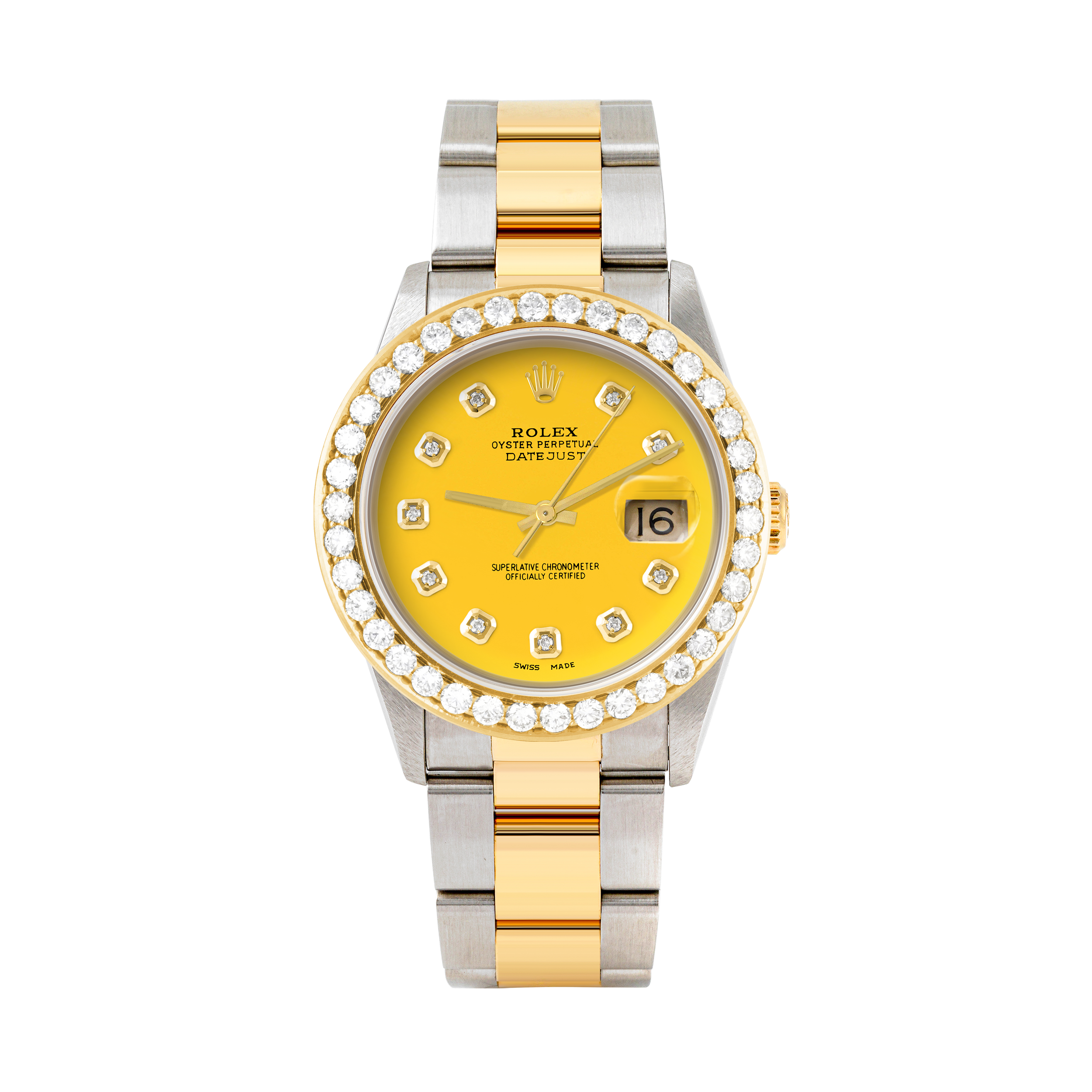 Rolex Datejust 36mm TWO TONE 16233 Yellow Dial | Diamond Hour Markers | 2.5ct Diamond Bezel