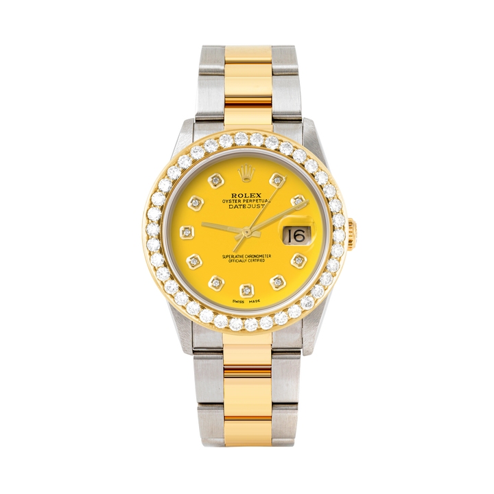 Rolex Datejust 36mm TWO TONE 16233 Yellow Dial | Diamond Hour Markers | 2.5ct Diamond Bezel