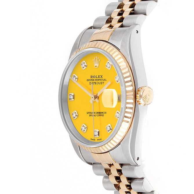 Rolex Datejust 36mm TWO TONE 16233 Yellow  Dial | Diamond  Hour Markers | Fluted Bezel