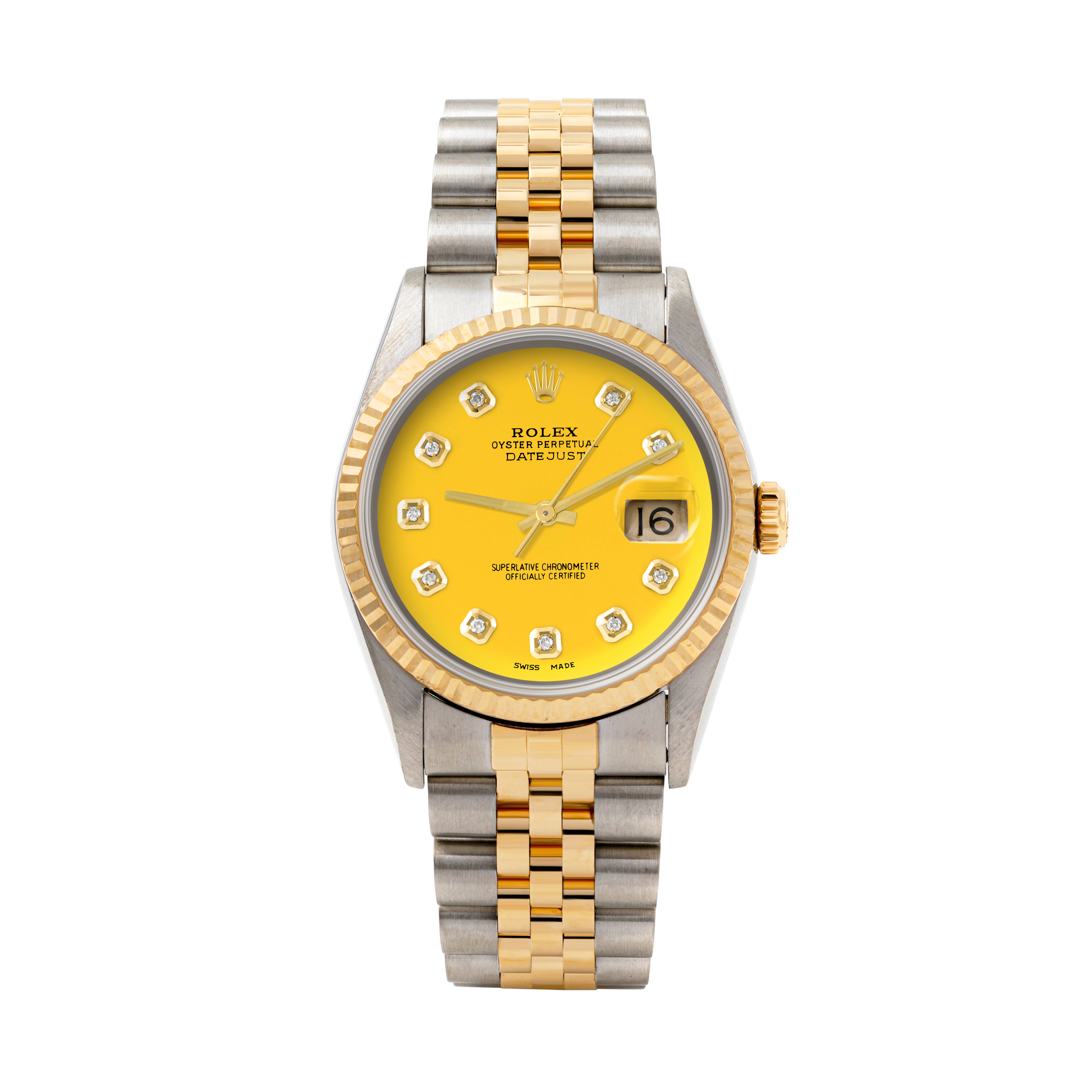 Rolex Datejust 36mm TWO TONE 16233 Yellow  Dial | Diamond  Hour Markers | Fluted Bezel
