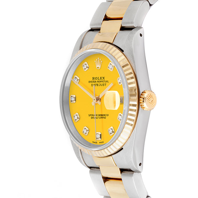 Rolex Datejust 36mm TWO TONE 16233 Yellow  Dial | Diamond  Hour Markers | Fluted Bezel