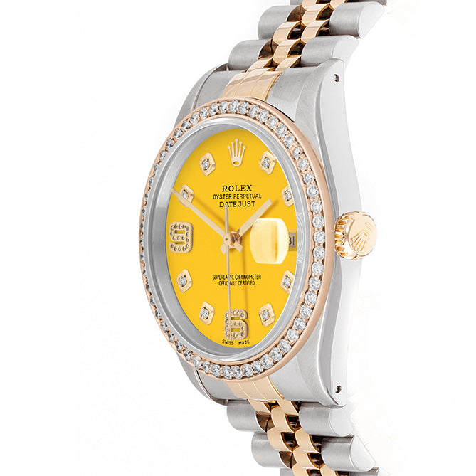 Rolex Datejust 36mm TWO TONE 16233 Yellow Dial |  6&9 Diamond  Hour Markers | 1ct Diamond Bezel