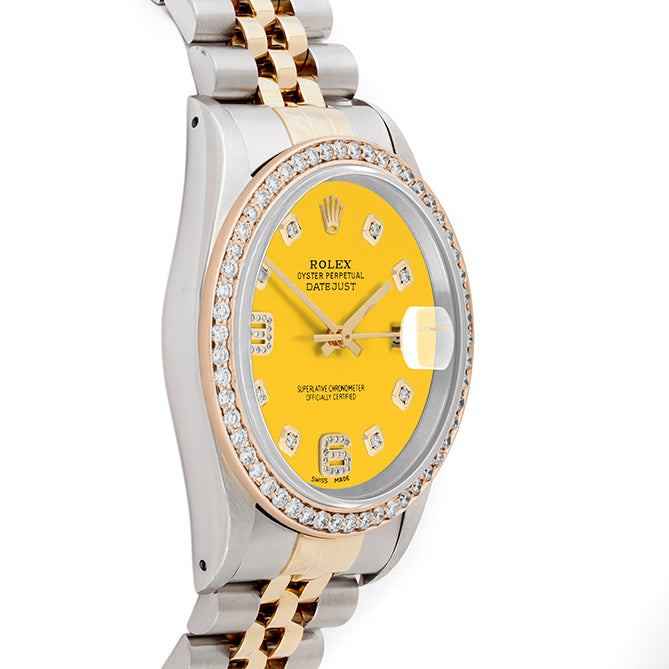 Rolex Datejust 36mm TWO TONE 16233 Yellow Dial |  6&9 Diamond  Hour Markers | 1ct Diamond Bezel