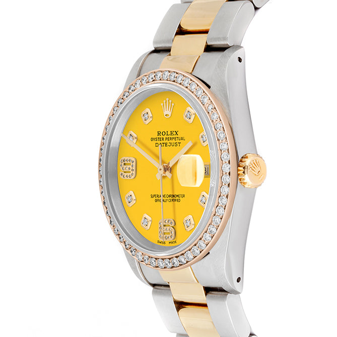 Rolex Datejust 36mm TWO TONE 16233 Yellow Dial |  6&9 Diamond  Hour Markers | 1ct Diamond Bezel