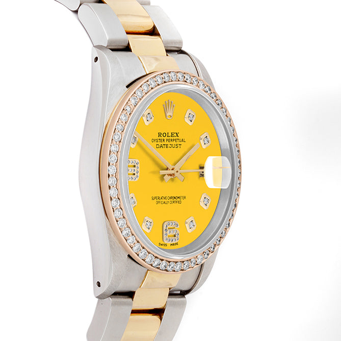 Rolex Datejust 36mm TWO TONE 16233 Yellow Dial |  6&9 Diamond  Hour Markers | 1ct Diamond Bezel