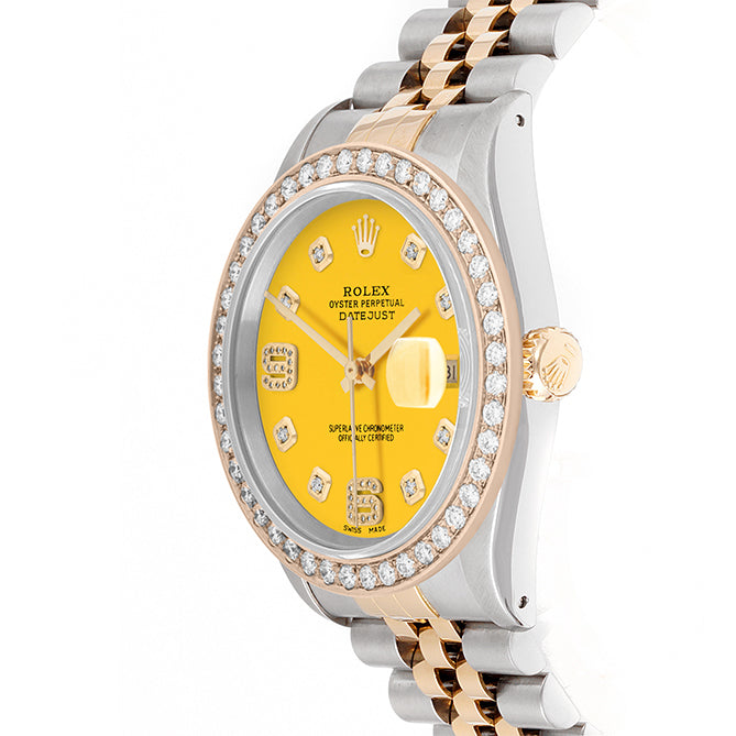 Rolex Datejust 36mm TWO TONE 16233 Yellow  Dial |  6&9 Diamond  Hour Markers | 2ct Diamond Bezel