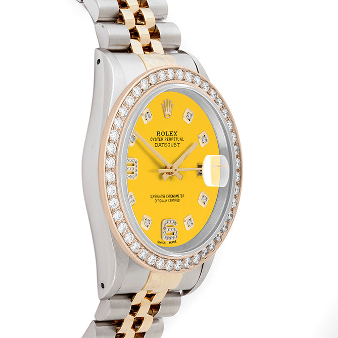 Rolex Datejust 36mm TWO TONE 16233 Yellow  Dial |  6&9 Diamond  Hour Markers | 2ct Diamond Bezel
