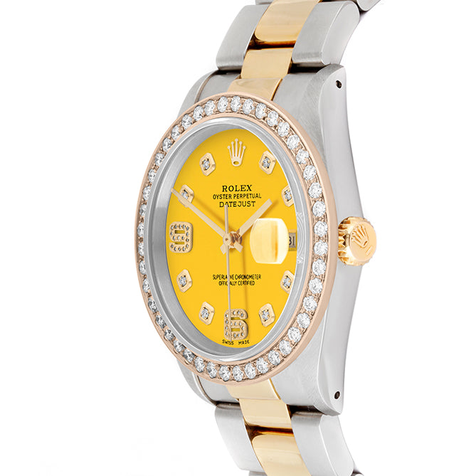 Rolex Datejust 36mm TWO TONE 16233 Yellow Dial |  6&9 Diamond  Hour Markers | 2ct Diamond Bezel