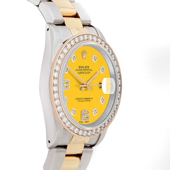 Rolex Datejust 36mm TWO TONE 16233 Yellow  Dial |  6&9 Diamond  Hour Markers | 2ct Diamond Bezel