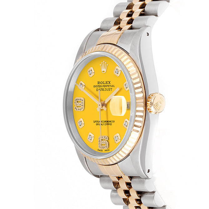 Rolex Datejust 36mm TWO TONE 16233 Yellow Dial | 6&9 Diamond  Hour Markers | Fluted Bezel