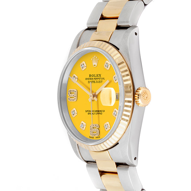 Rolex Datejust 36mm TWO TONE 16233 Yellow Dial | 6&9 Diamond  Hour Markers | Fluted Bezel
