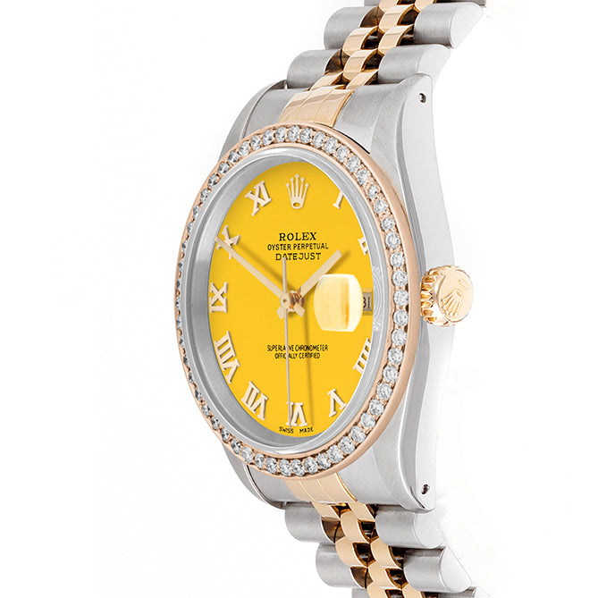 Rolex Datejust 36mm TWO TONE 16233 Yellow Dial | Roman Hour Markers | 1.8ct Diamond Bezel