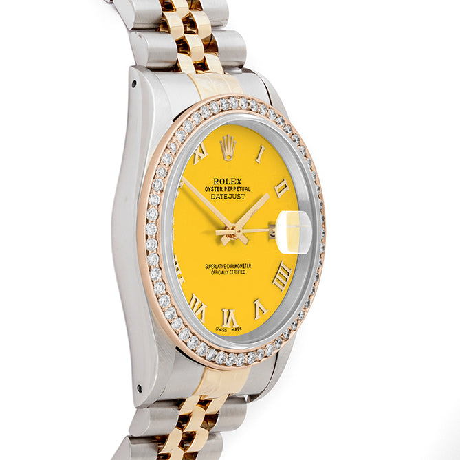 Rolex Datejust 36mm TWO TONE 16233 Yellow Dial | Roman Hour Markers | 1.8ct Diamond Bezel