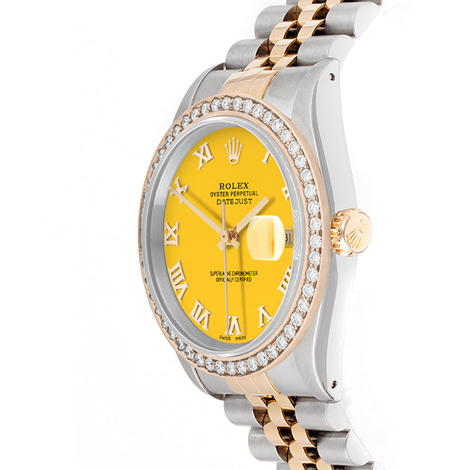 Rolex Datejust 36mm TWO TONE 16233 Yellow  Dial | Roman Hour Markers | 1.8ct Diamond Bezel