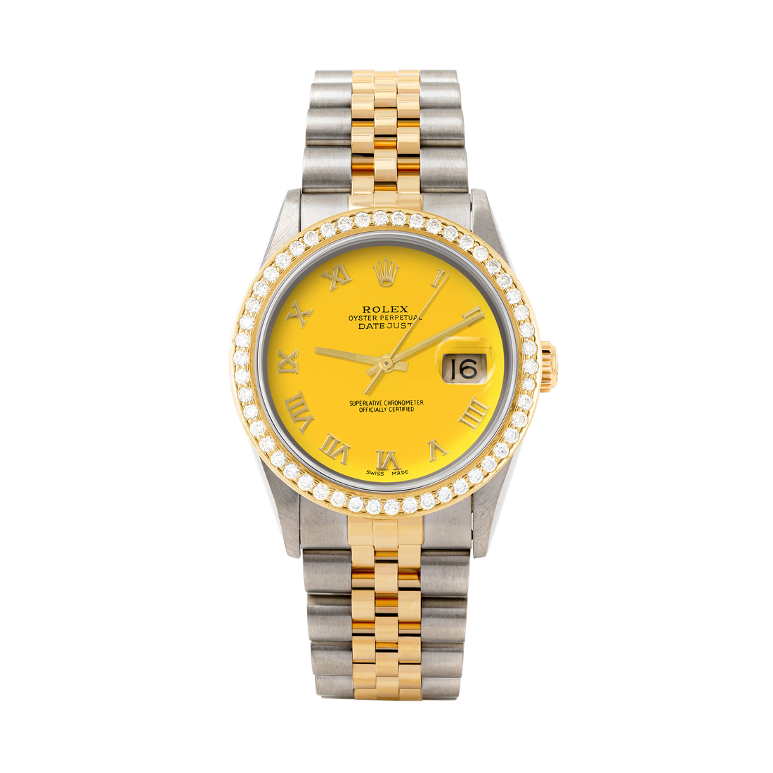 Rolex Datejust 36mm TWO TONE 16233 Yellow  Dial | Roman Hour Markers | 1.8ct Diamond Bezel