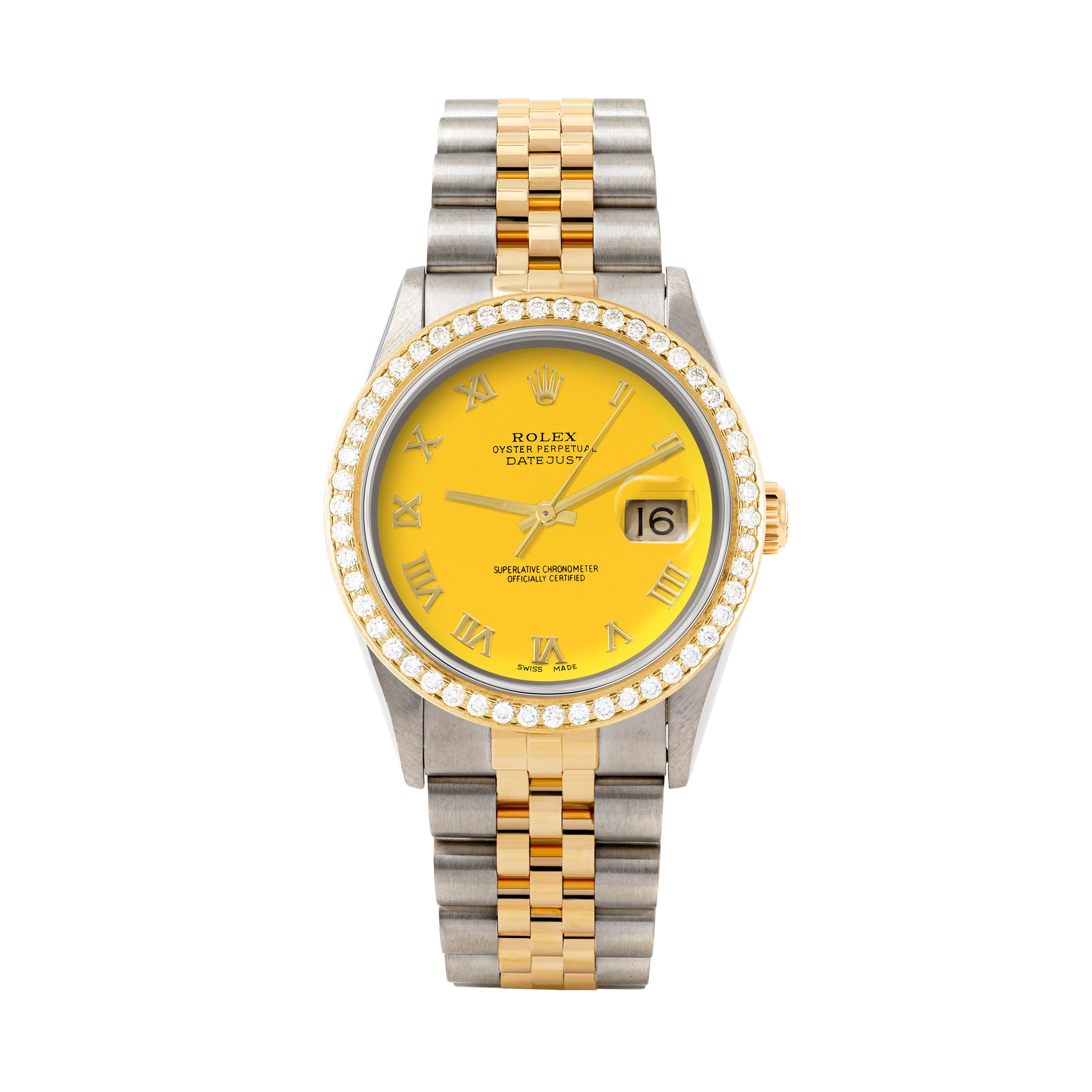 Rolex Datejust 36mm TWO TONE 16233 Yellow Dial | Roman Hour Markers | 1.8ct Diamond Bezel