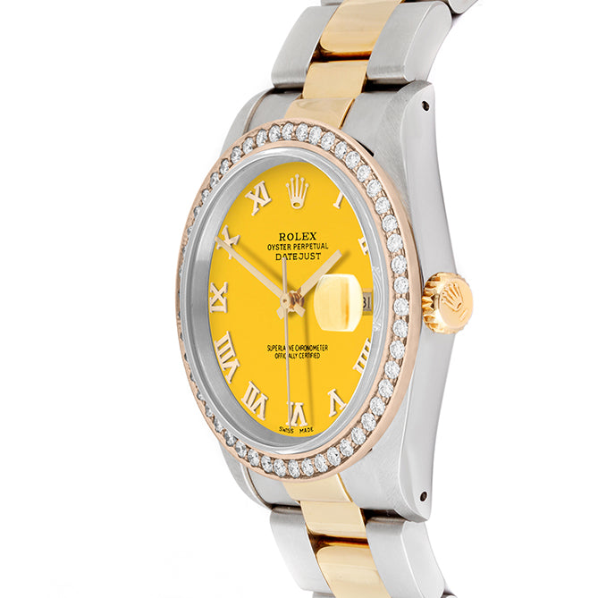 Rolex Datejust 36mm TWO TONE 16233 Yellow  Dial | Roman Hour Markers | 1.8ct Diamond Bezel