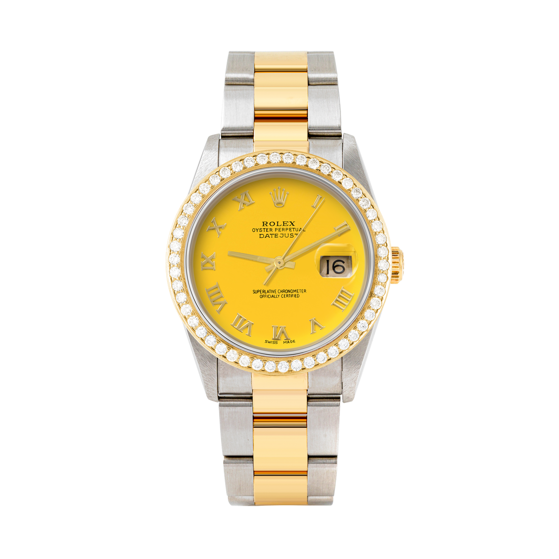 Rolex Datejust 36mm TWO TONE 16233 Yellow  Dial | Roman Hour Markers | 1.8ct Diamond Bezel