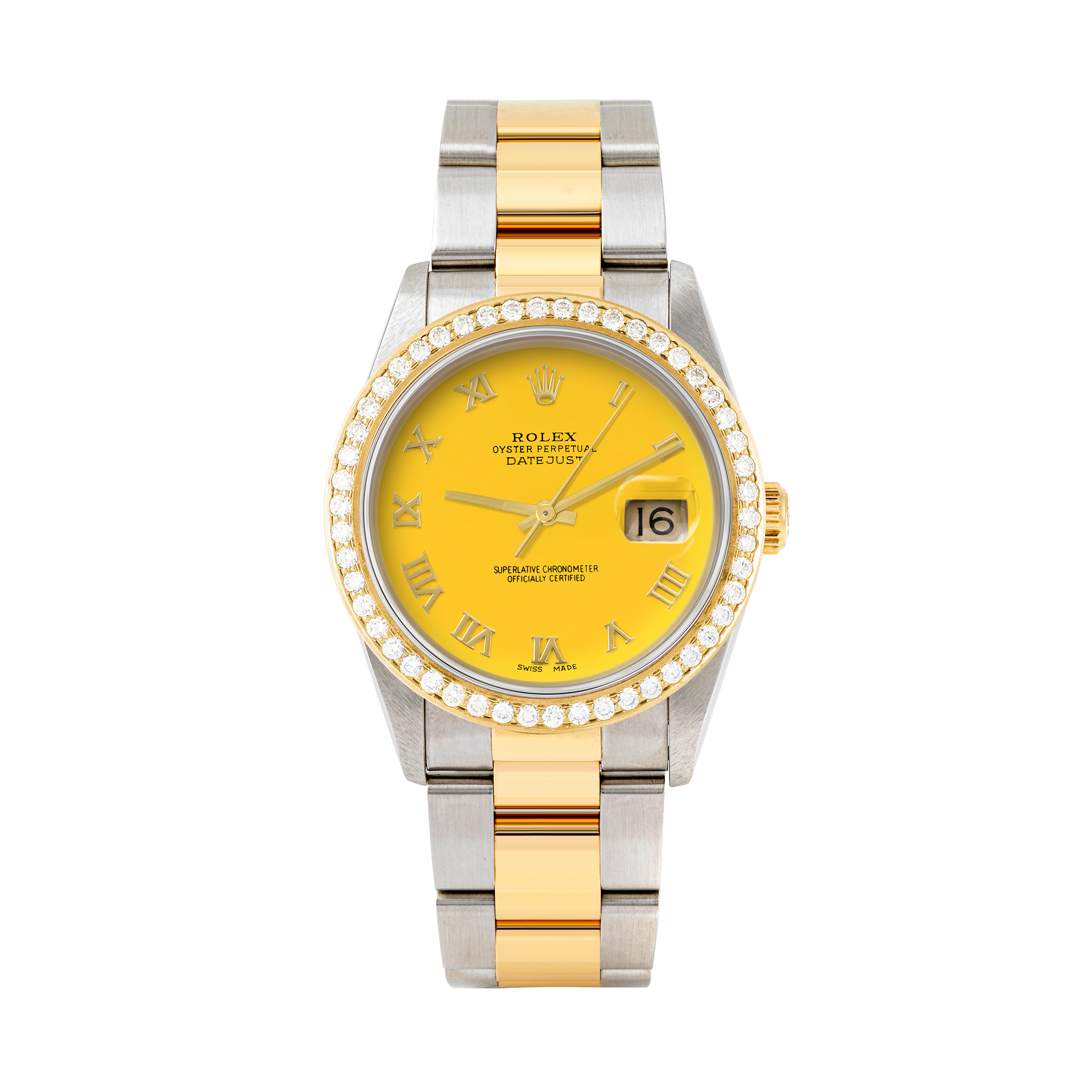 Rolex Datejust 36mm TWO TONE 16233 Yellow Dial | Roman Hour Markers | 1.8ct Diamond Bezel