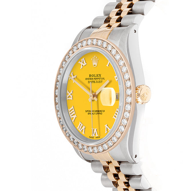 Rolex Datejust 36mm TWO TONE 16233  Yellow  Dial | Roman Hour Markers | 2ct Diamond Bezel
