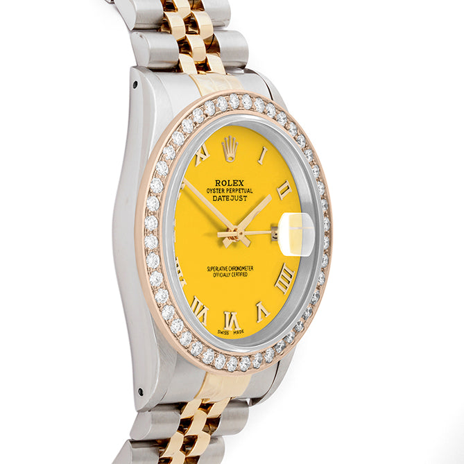 Rolex Datejust 36mm TWO TONE 16233  Yellow  Dial | Roman Hour Markers | 2ct Diamond Bezel