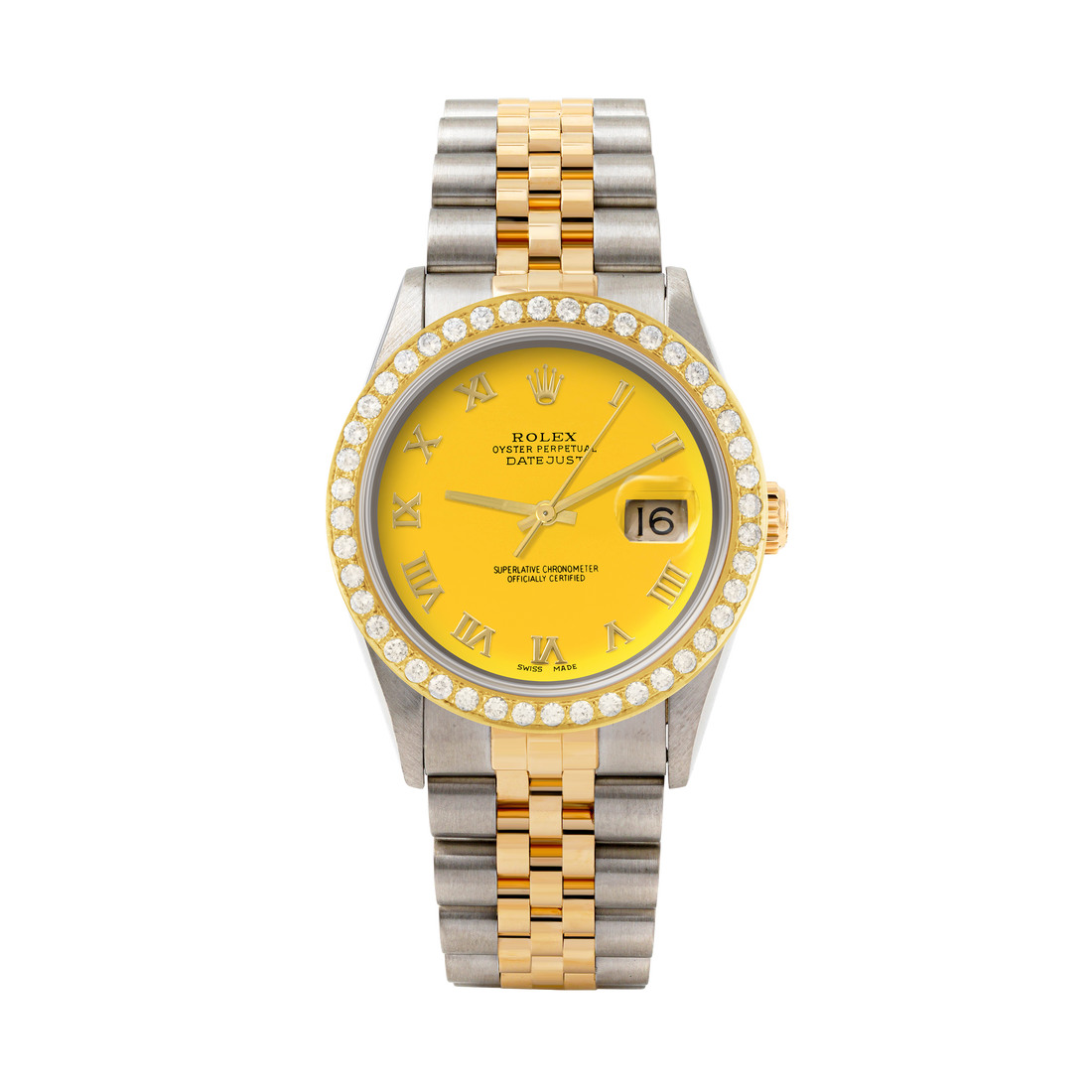 Rolex Datejust 36mm TWO TONE 16233  Yellow  Dial | Roman Hour Markers | 2ct Diamond Bezel