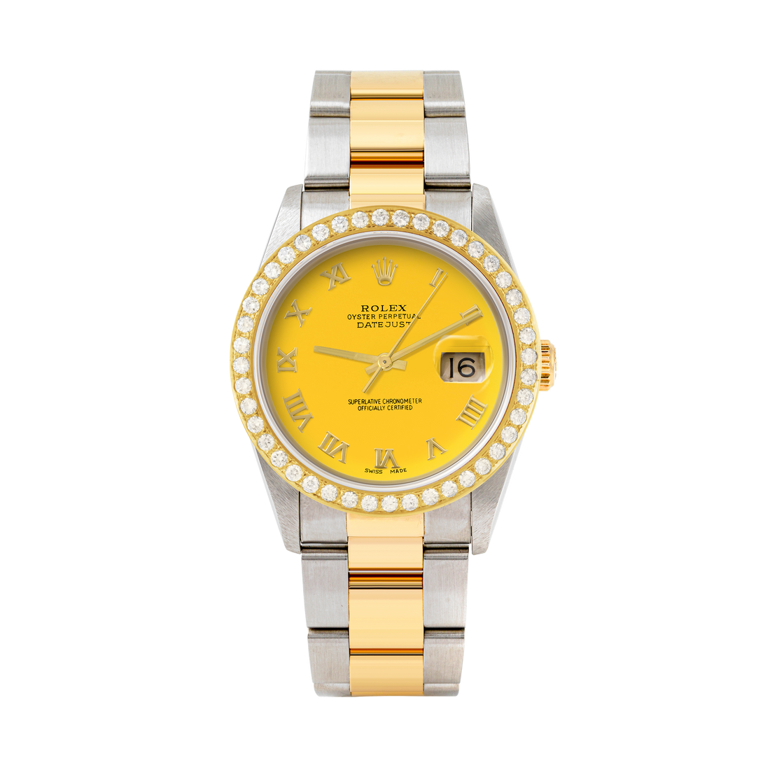 Rolex Datejust 36mm TWO TONE 16233  Yellow  Dial | Roman Hour Markers | 2ct Diamond Bezel