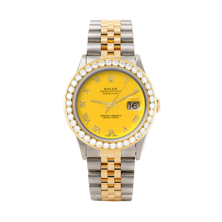 Rolex Datejust 36mm TWO TONE 16233  Yellow  Dial | Roman Hour Markers | 2.5ct Diamond Bezel