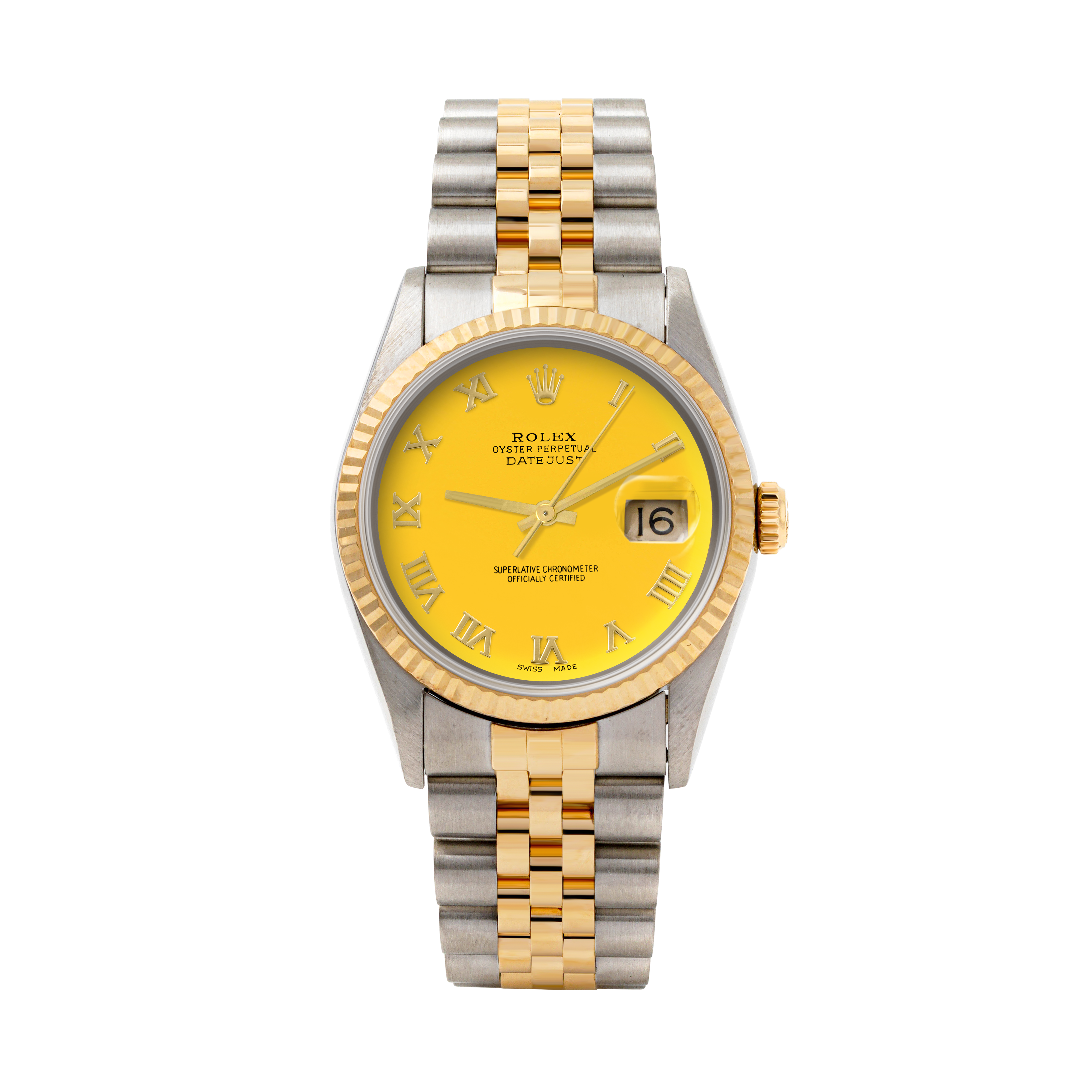 Rolex Datejust 36mm TWO TONE 16233 Yellow Dial | Roman Hour Markers | Fluted Bezel