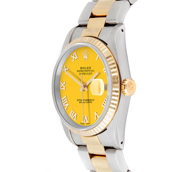 Rolex Datejust 36mm TWO TONE 16233 Yellow Dial | Roman Hour Markers | Fluted Bezel