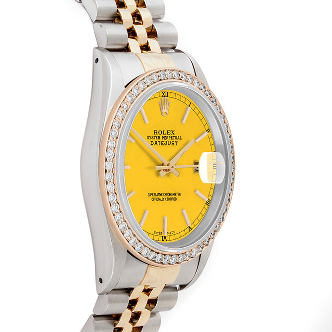 Rolex Datejust 36mm TWO TONE 16233 Yellow  Dial |  Stick Hour Markers | 1ct Diamond Bezel