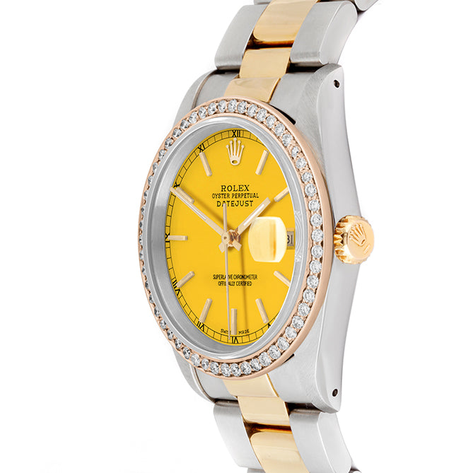 Rolex Datejust 36mm TWO TONE 16233 Yellow  Dial |  Stick Hour Markers | 1ct Diamond Bezel