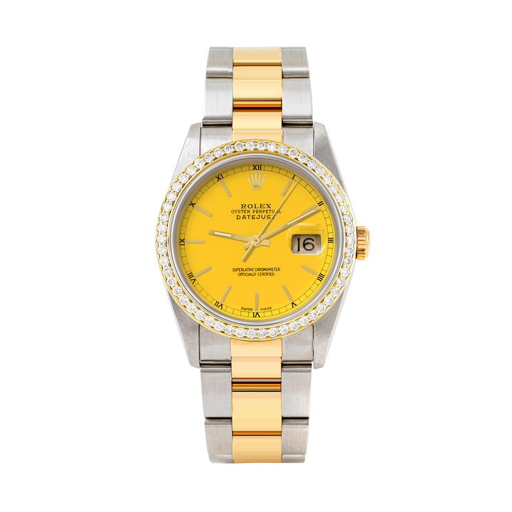 Rolex Datejust 36mm TWO TONE 16233 Yellow  Dial |  Stick Hour Markers | 1ct Diamond Bezel