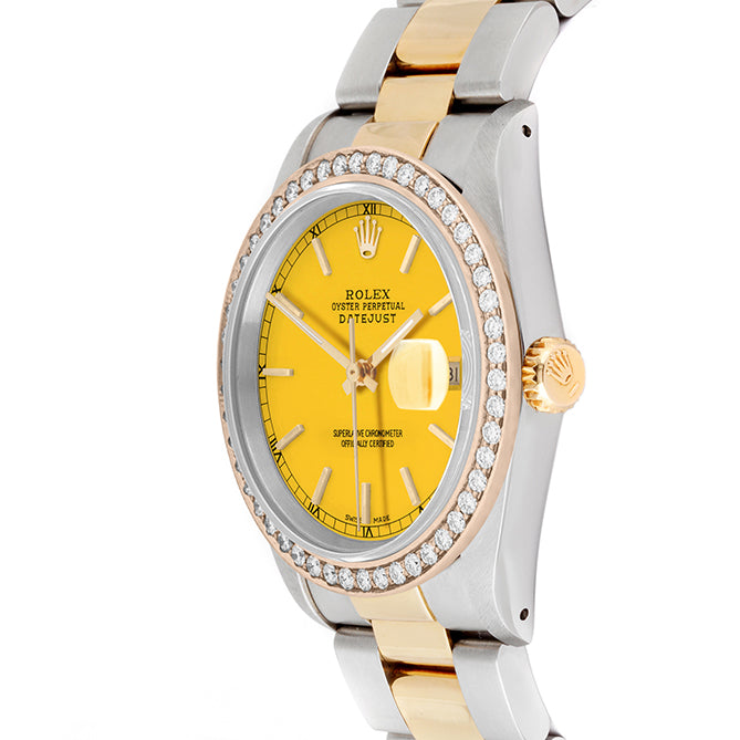 Rolex Datejust 36mm TWO TONE 16233 Yellow  Dial | Stick Hour Markers | 1.8ct Diamond Bezel