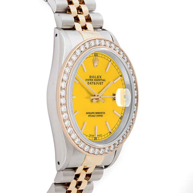 Rolex Datejust 36mm TWO TONE 16233 Yellow Dial | Stick Hour Markers | 2ct Diamond Bezel