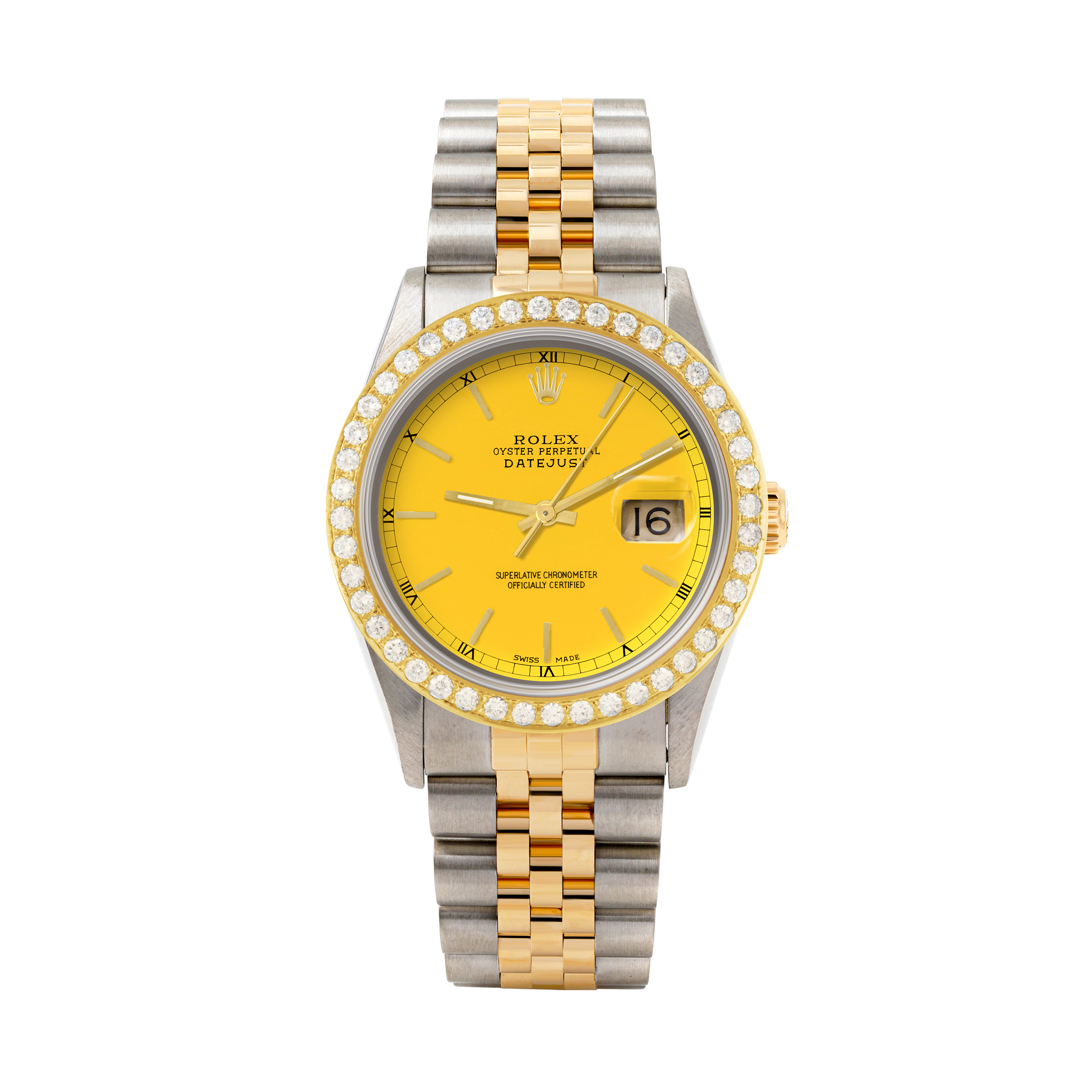 Rolex Datejust 36mm TWO TONE 16233 Yellow Dial | Stick Hour Markers | 2ct Diamond Bezel
